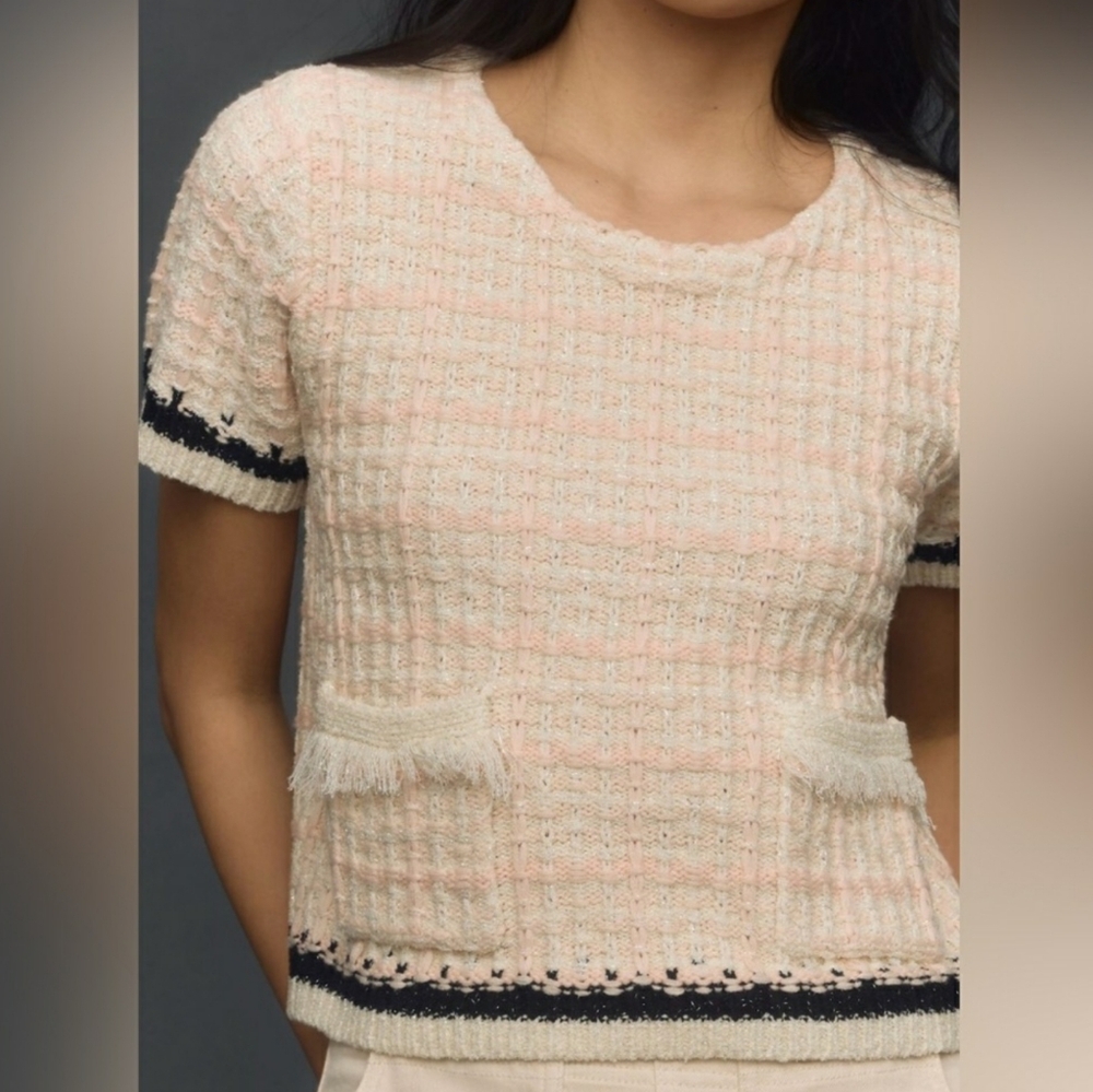 Anthropologie Tweed Sweater Tee • Fringe Pockets • Cream Pink Plaid Knit Top M - Picture 4 of 12